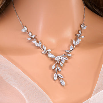 CZ Leaves Dancing with Light Necklace Set, Long Bridal Jewelry, Bridal Earrings And Necklace, Statement Earrings Cz Necklace Set.